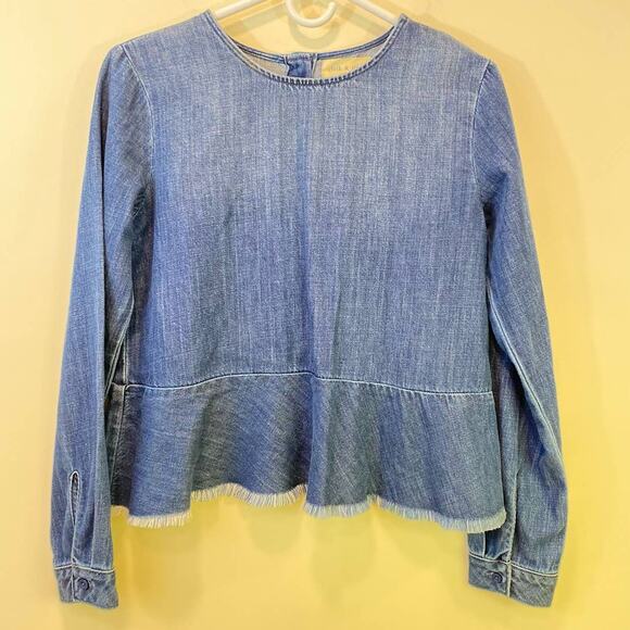 Blue Denim Statement Raw Frayed Hem Cloth & Stone Long Sleeve Cotton Shirt XS - Picture 7 of 7